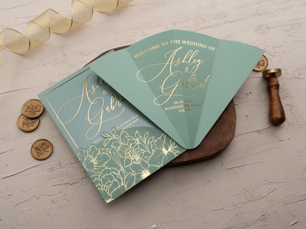 Sage Green Acrylic Invitation with Gold Foil Print