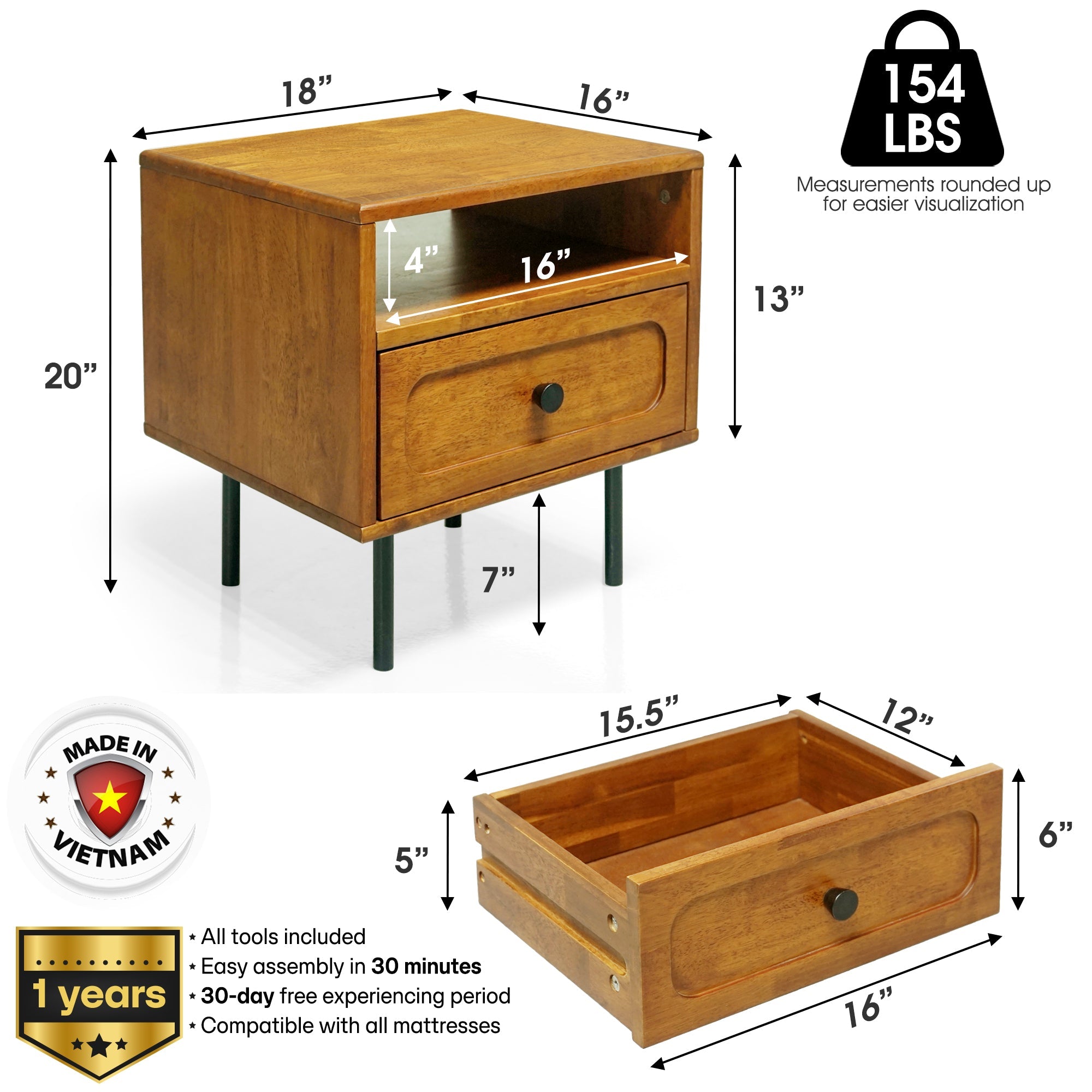 Savana Solid Wood Single-Drawer Nightstand