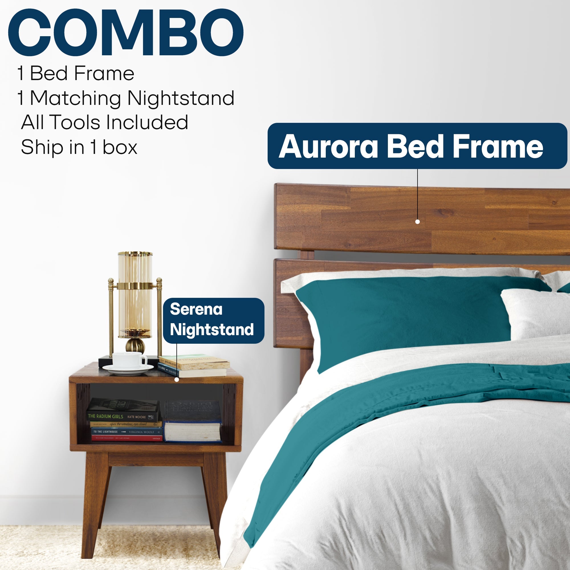 [Buy 1 Get 1] Aurora Solid Wood Bed Frame & Nightstand