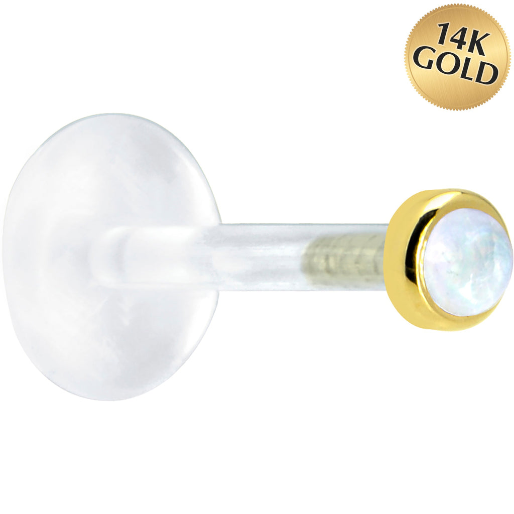 16G 5/16 Solid 14K Yellow Gold 2mm Genuine Rainbow Moonstone Bioplast Tragus Earring Stud
