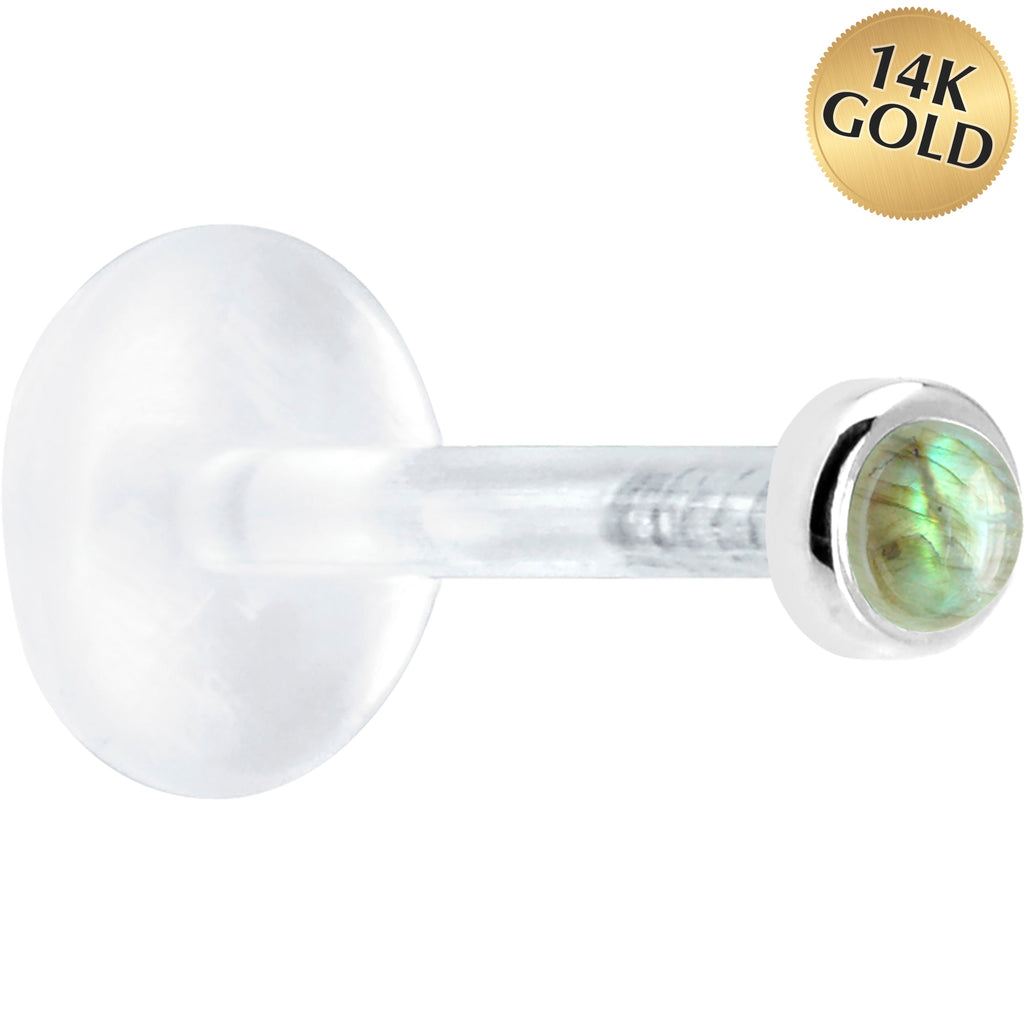 16G 5/16 Solid 14K White Gold 2mm Genuine Labradorite Bioplast Tragus Earring Stud