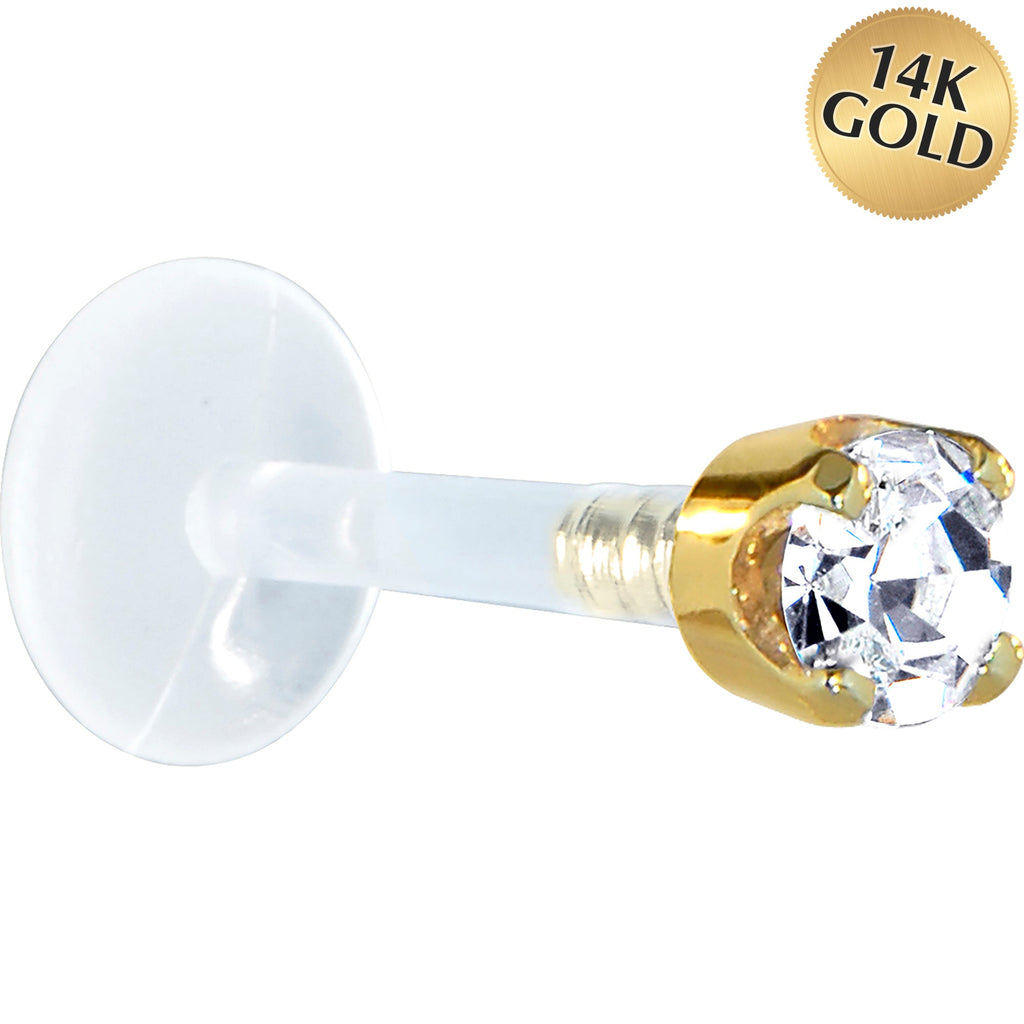 16G 5/16 Solid 14K Yellow Gold 3mm Clear Cubic Zirconia Bioplast Tragus Earring Stud
