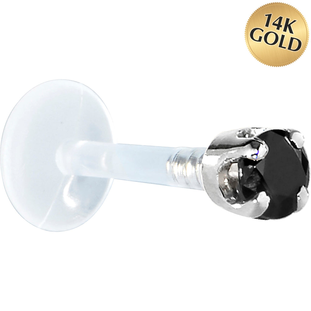 16G 5/16 Solid 14K White Gold 3mm Black Cubic Zirconia Bioplast Tragus Earring Stud
