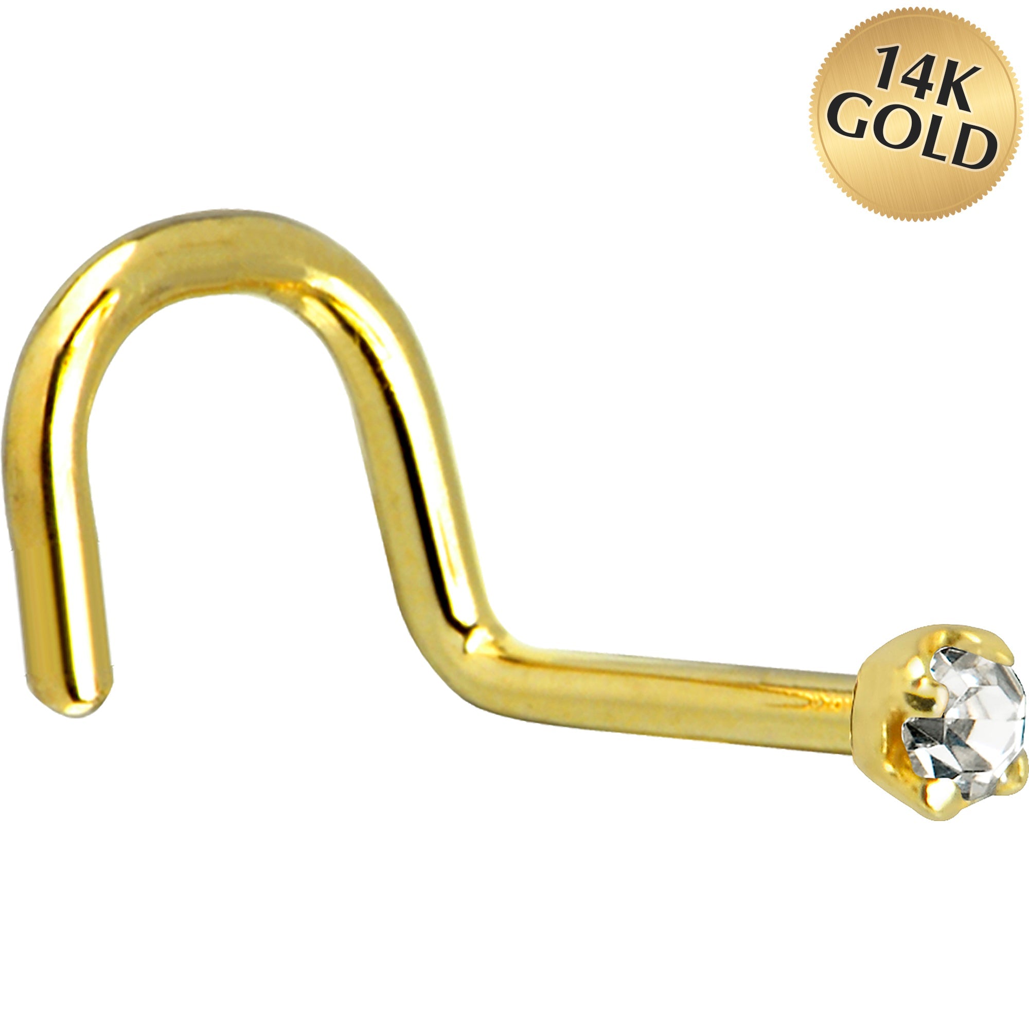 Solid 14K Yellow Gold 2mm Clear Cubic Zirconia Nose Ring