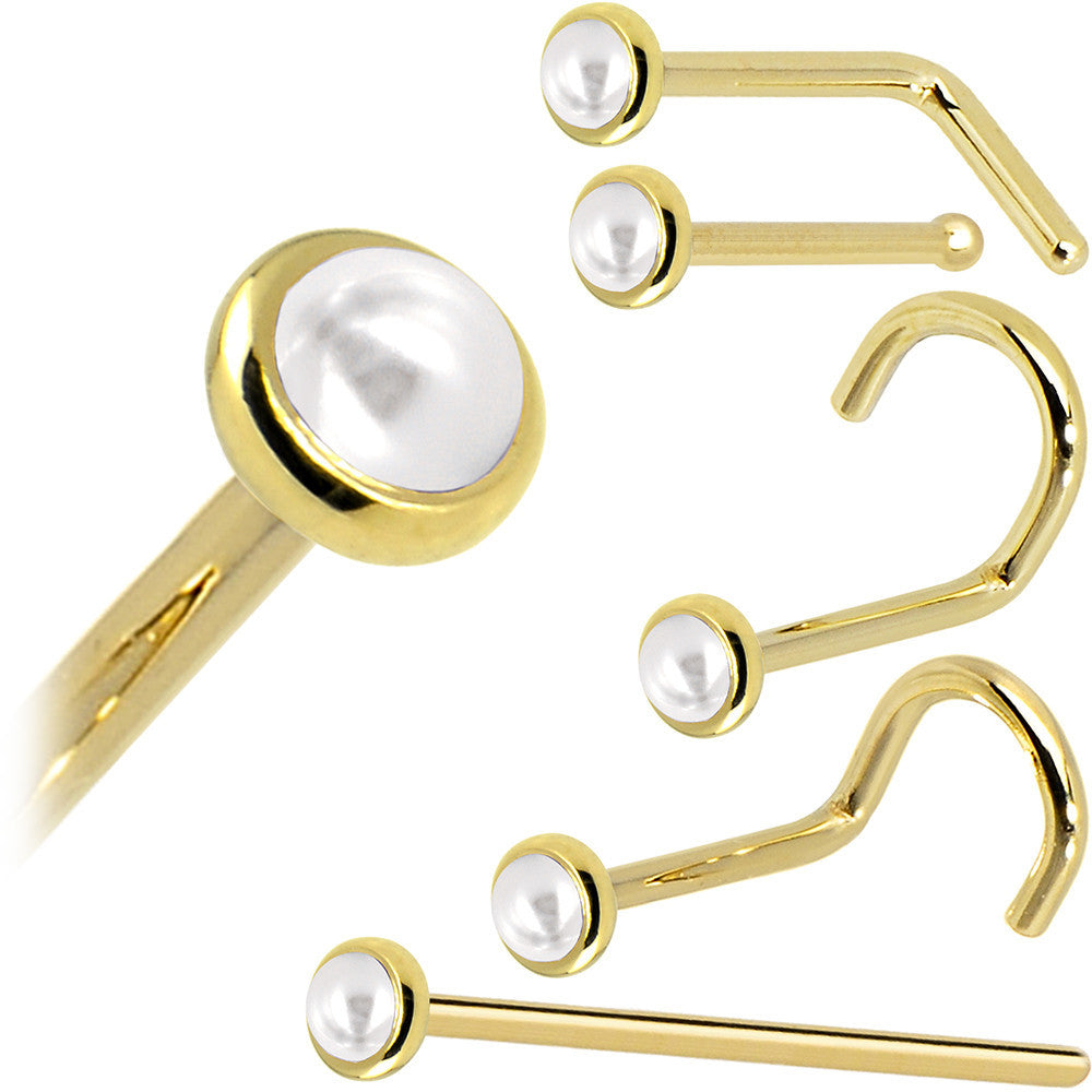 Solid 14K Yellow Gold 2mm Cultured Pearl Nose Ring