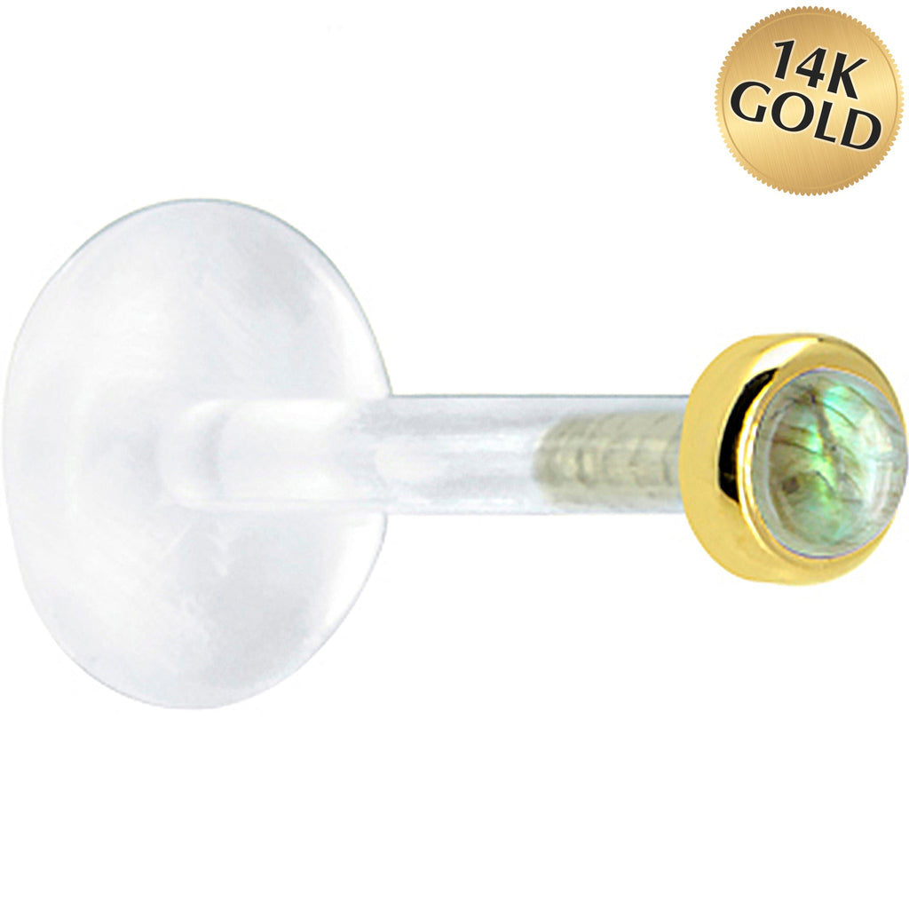 16G 1/4 Solid 14K Yellow Gold 2mm Genuine Labradorite Bioplast Tragus Earring Stud