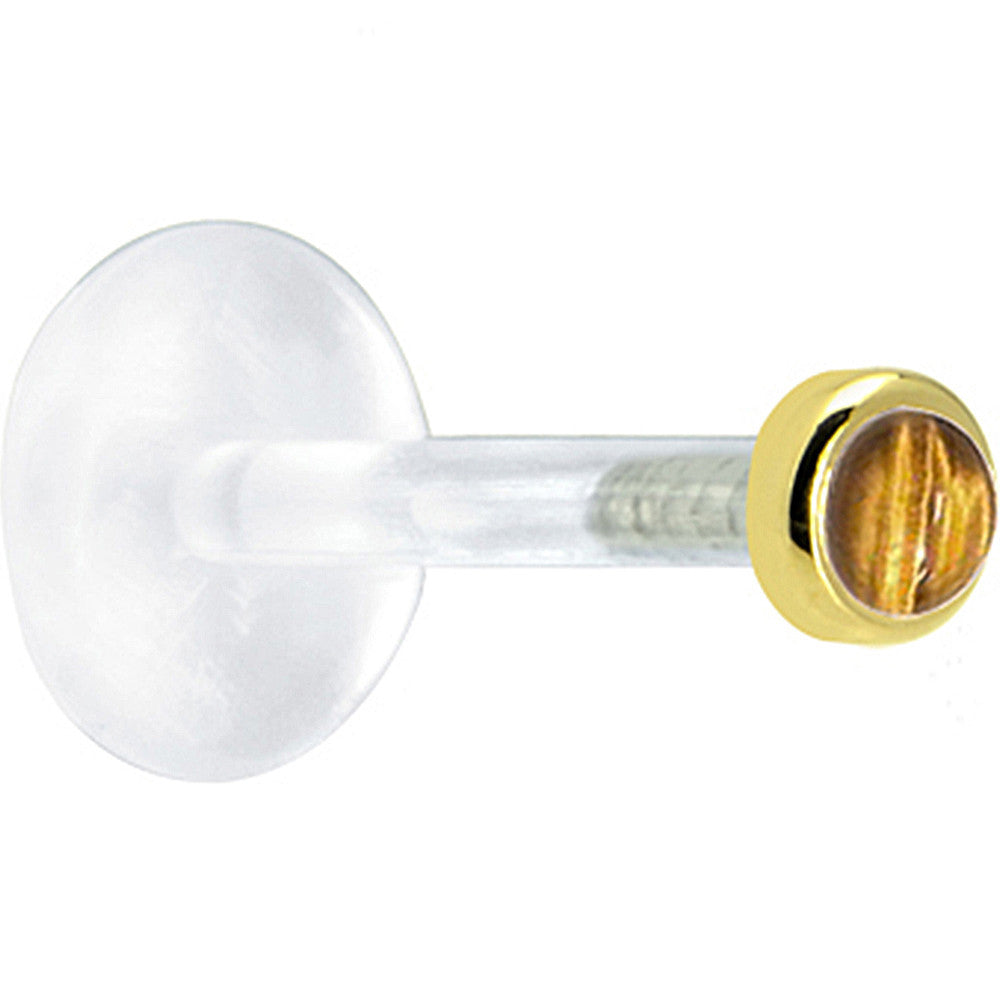 16G 1/4 Solid 14K Yellow Gold 2mm Genuine Tiger Eye Bioplast Tragus Earring Stud