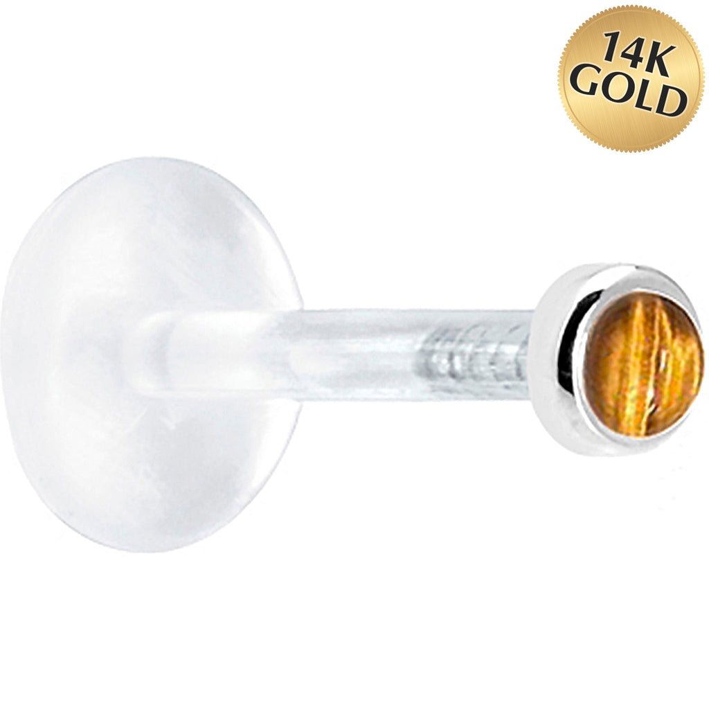 16G 1/4 Solid 14K White Gold 2mm Genuine Tiger Eye Bioplast Tragus Earring Stud