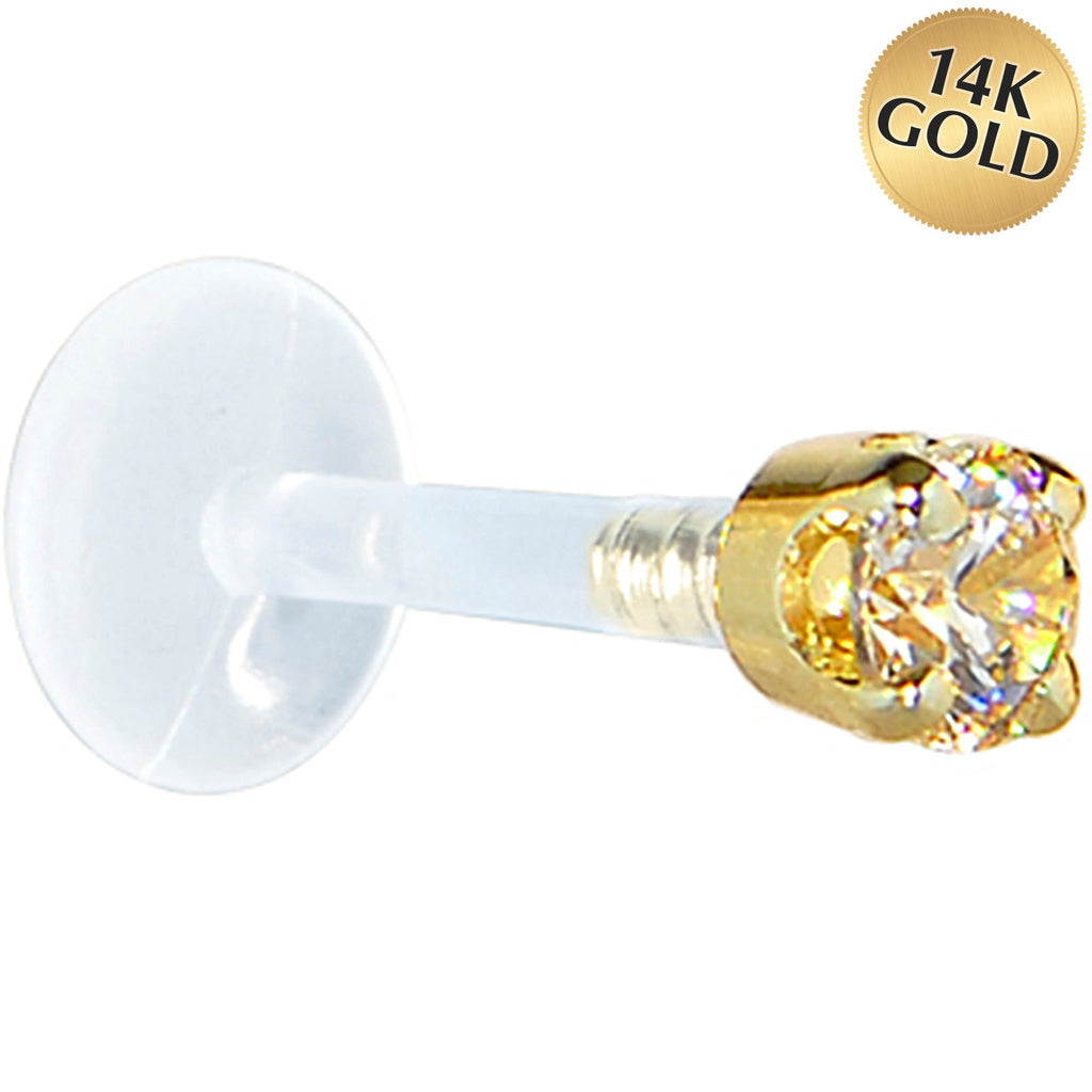 16G 1/4 Solid 14K Yellow Gold 3mm Champagne Cubic Zirconia Bioplast Tragus Earring Stud