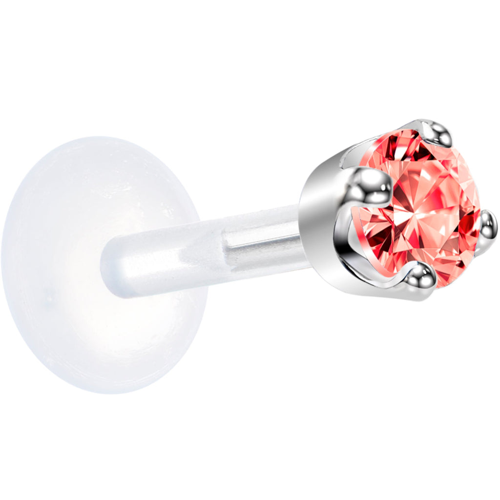 16G 1/4 Solid 14K White Gold 3mm Salmon Cubic Zirconia Bioplast Tragus Earring Stud