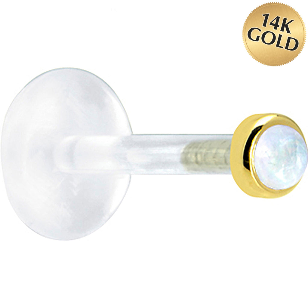 16G 1/4 Solid 14K Yellow Gold 2mm Genuine Rainbow Moonstone Bioplast Cartilage Earring Stud