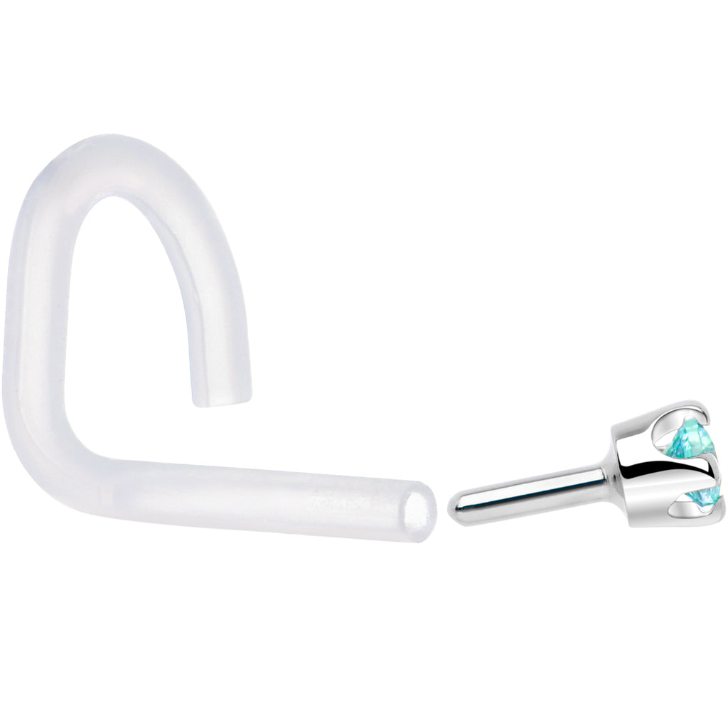 18G 1/4 White Gold 1.5mm Mint Green Cubic Zirconia Bioplast Nose Ring