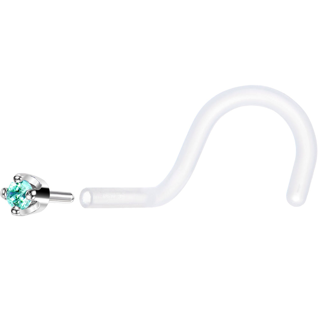 18G 1/4 White Gold 1.5mm Mint Green Cubic Zirconia Bioplast Nose Ring