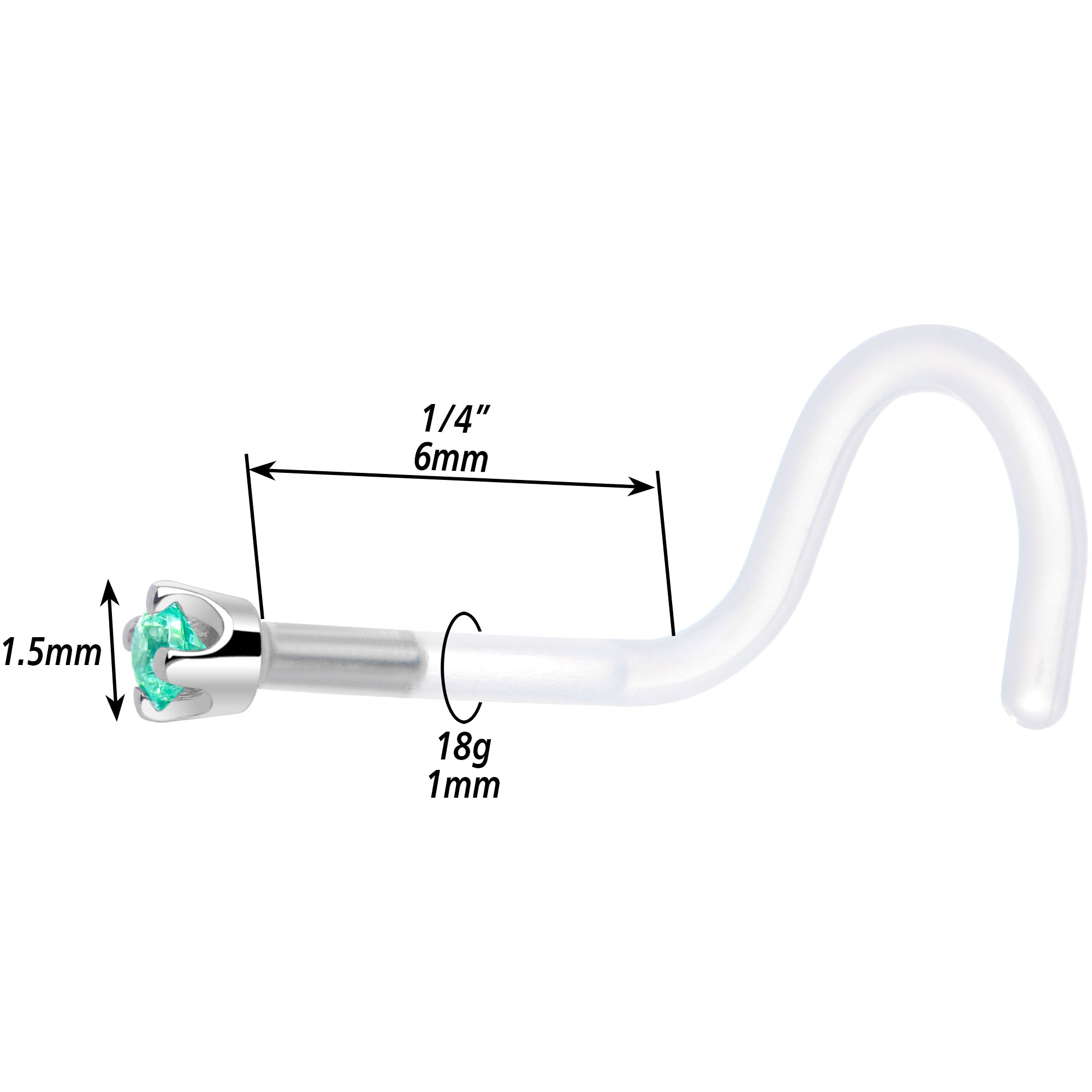 18G 1/4 White Gold 1.5mm Mint Green Cubic Zirconia Bioplast Nose Ring