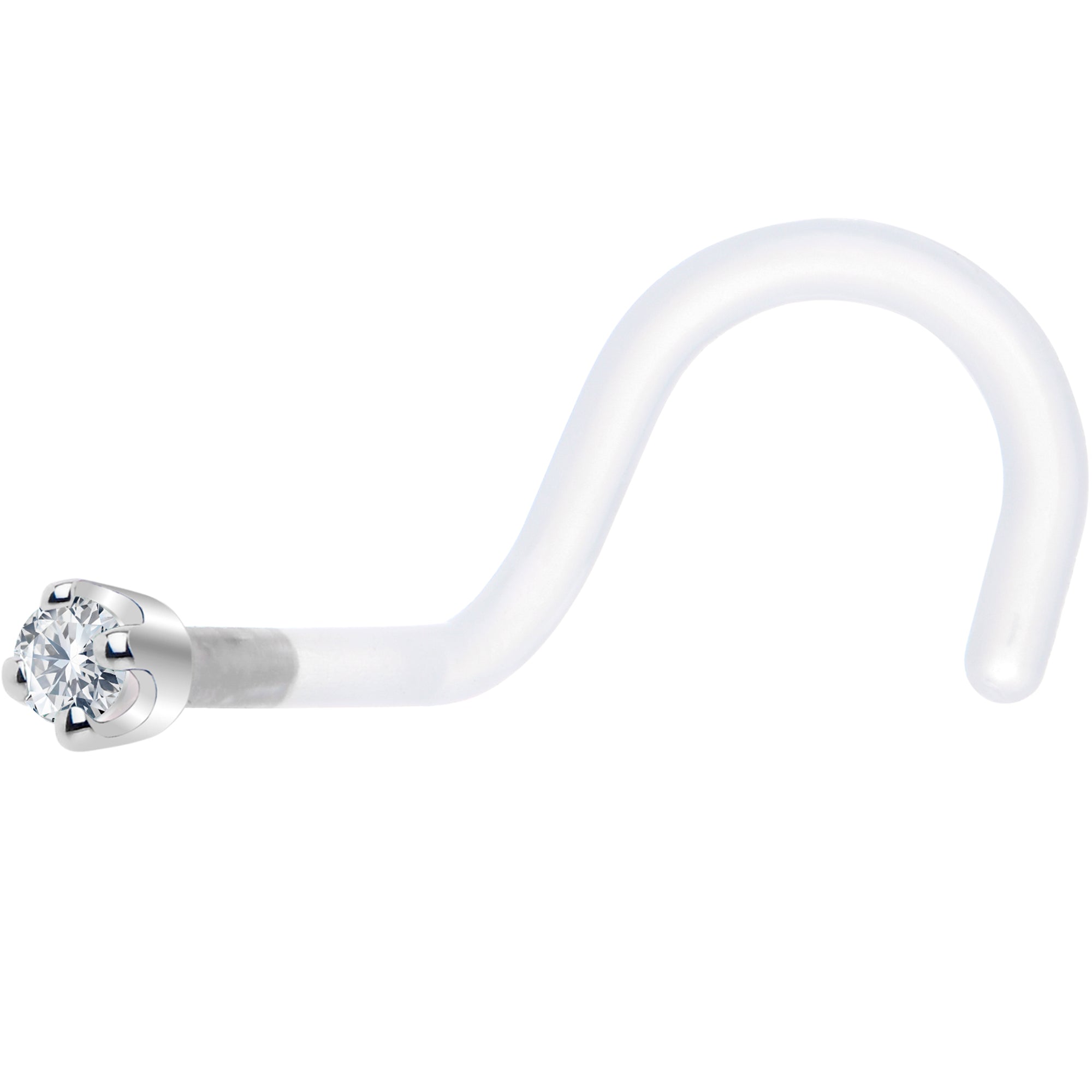 18G 1/4 White Gold 1.5mm Clear Cubic Zirconia Bioplast Nose Ring