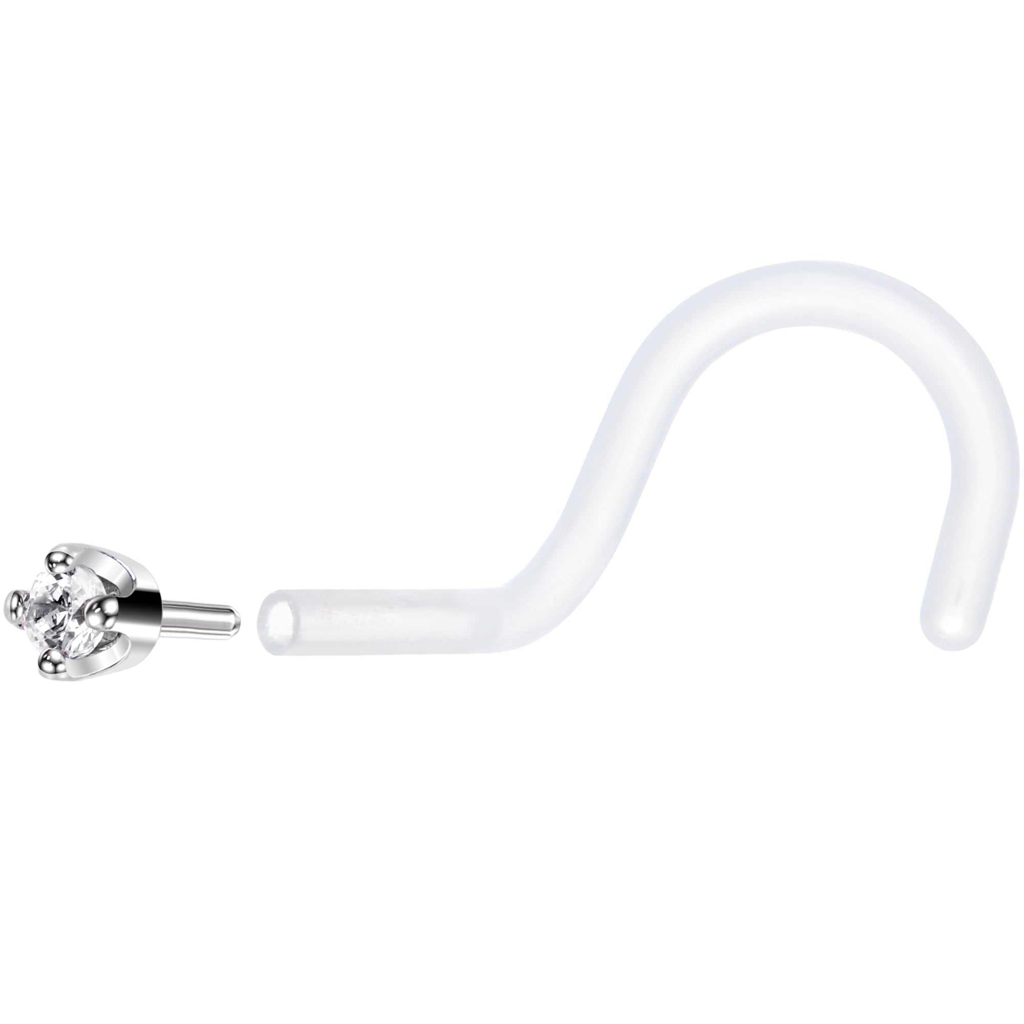 18G 1/4 White Gold 1.5mm Clear Cubic Zirconia Bioplast Nose Ring
