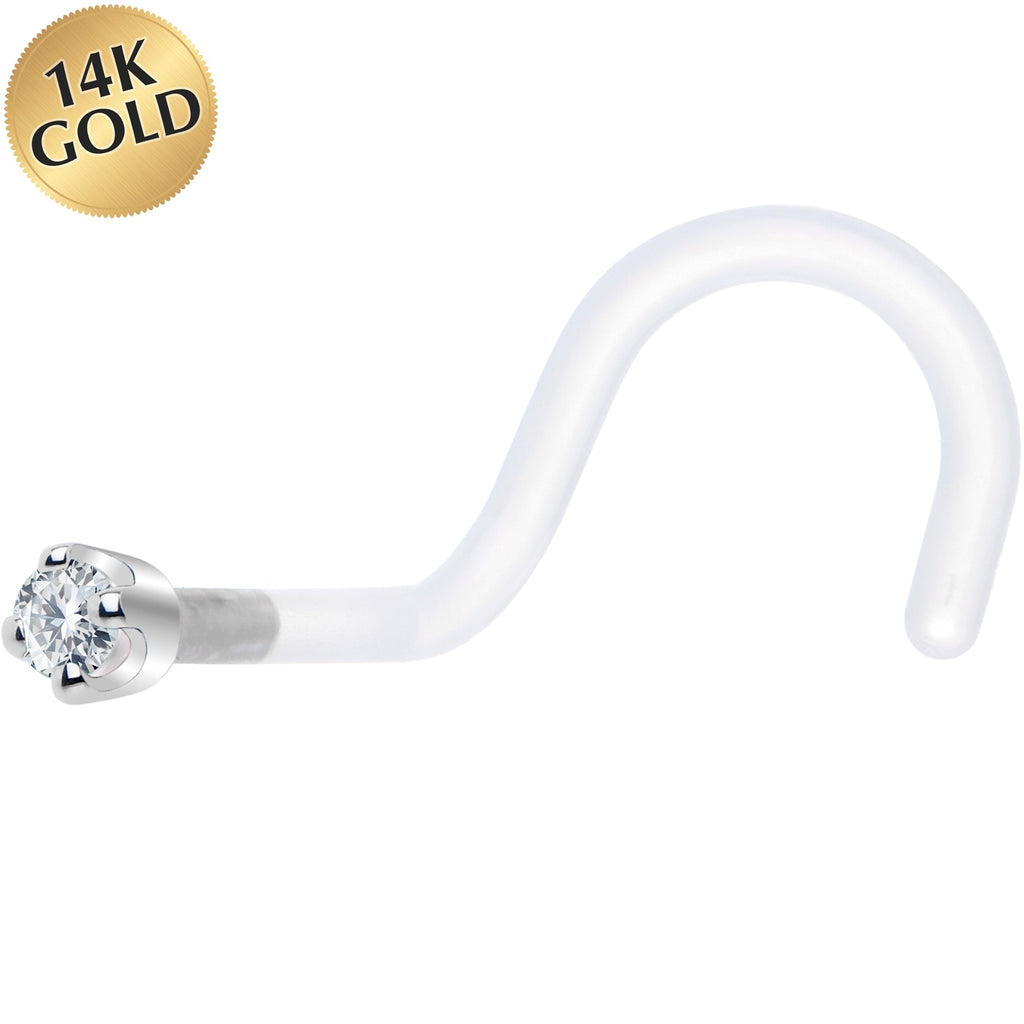 18G 1/4 White Gold 1.5mm Clear Cubic Zirconia Bioplast Nose Ring