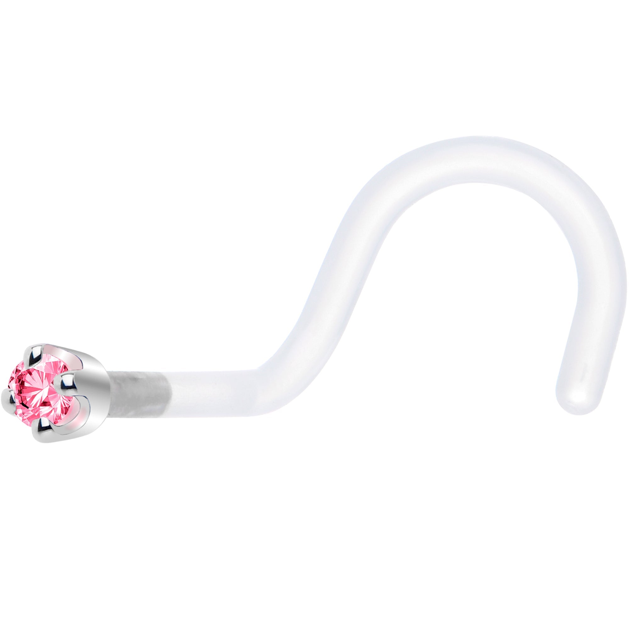 18G 1/4 White Gold 1.5mm Pink Cubic Zirconia Bioplast Nose Ring