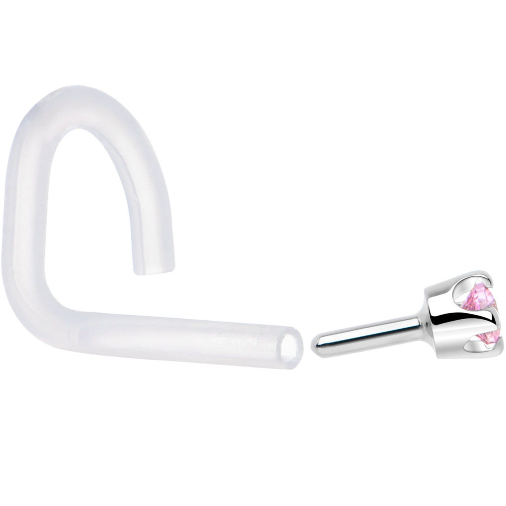 18G 1/4 White Gold 1.5mm Pink Cubic Zirconia Bioplast Nose Ring