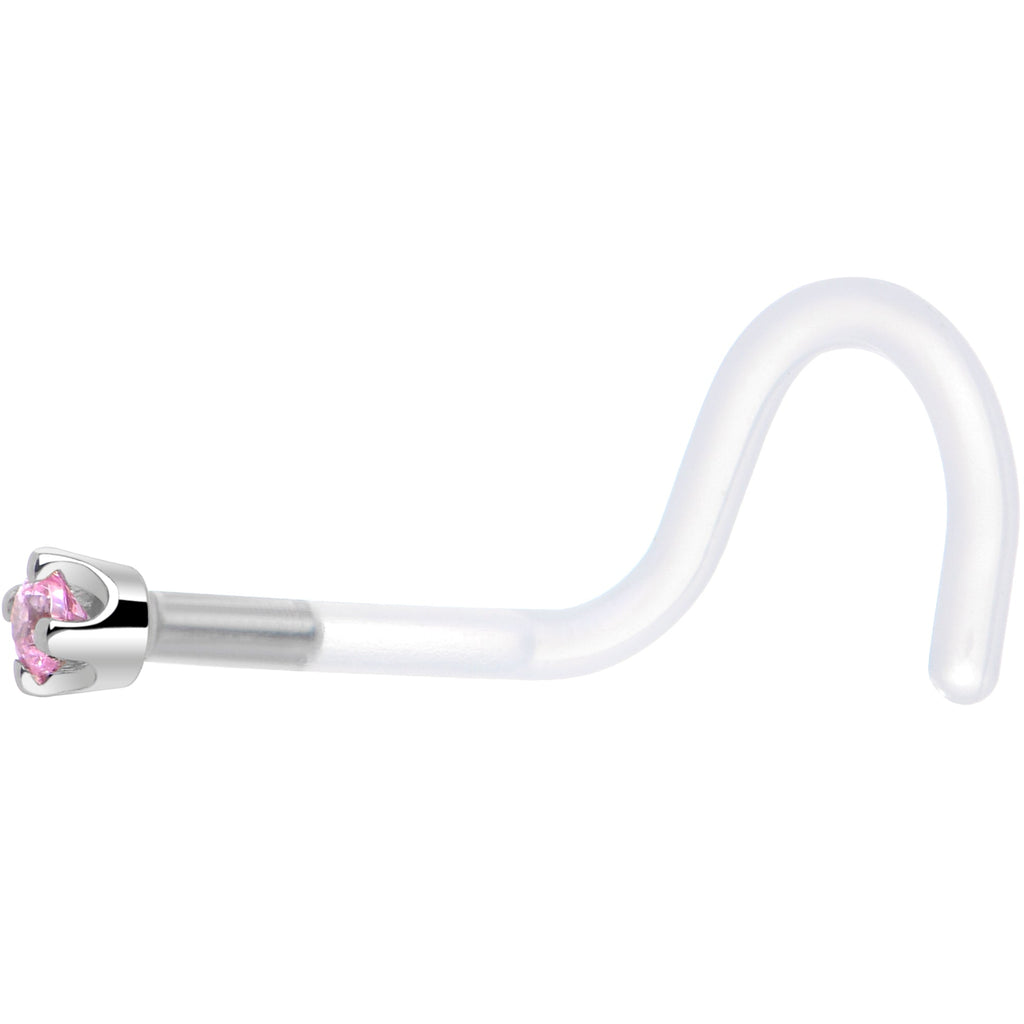 18G 1/4 White Gold 1.5mm Pink Cubic Zirconia Bioplast Nose Ring