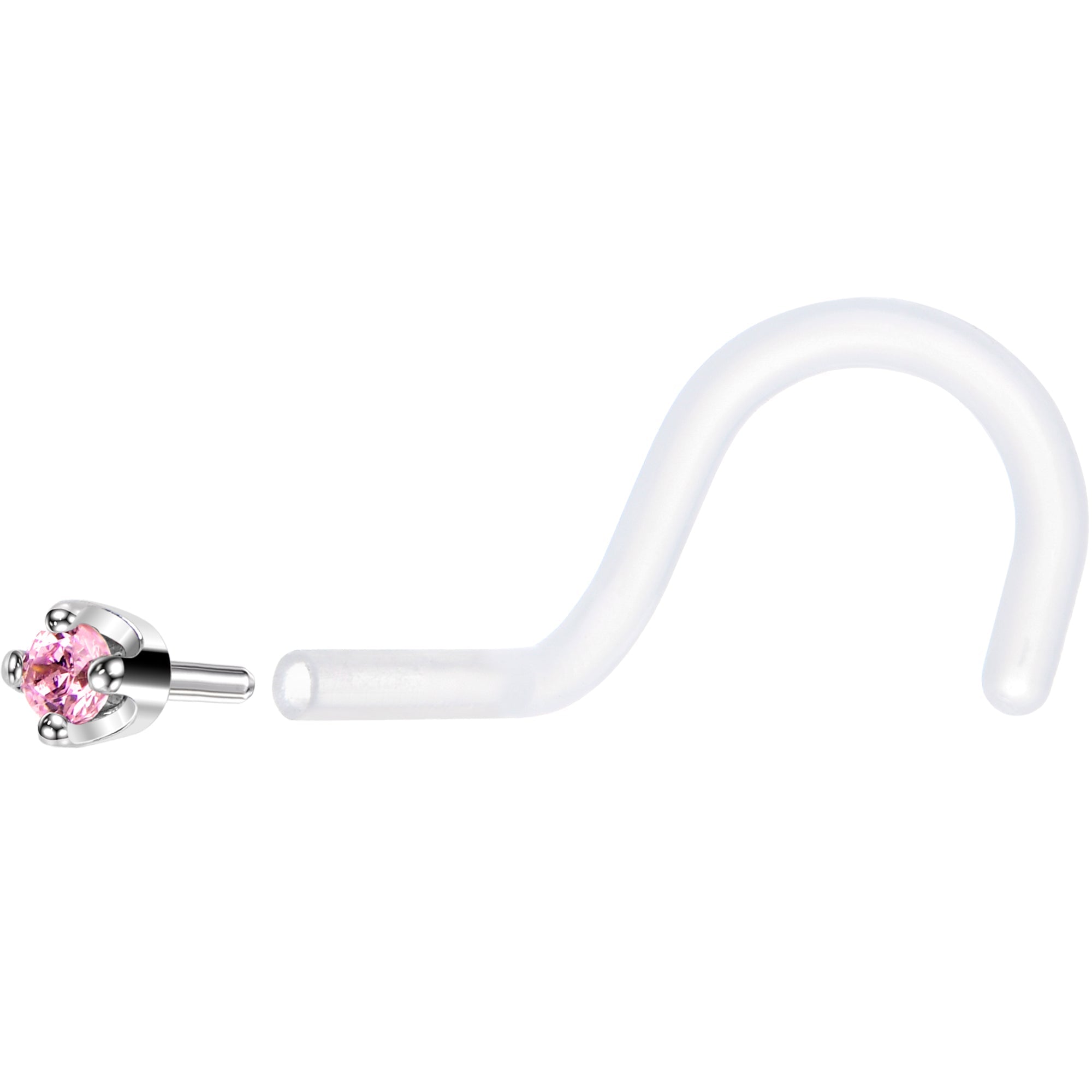18G 1/4 White Gold 1.5mm Pink Cubic Zirconia Bioplast Nose Ring