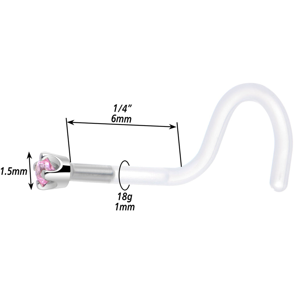 18G 1/4 White Gold 1.5mm Pink Cubic Zirconia Bioplast Nose Ring