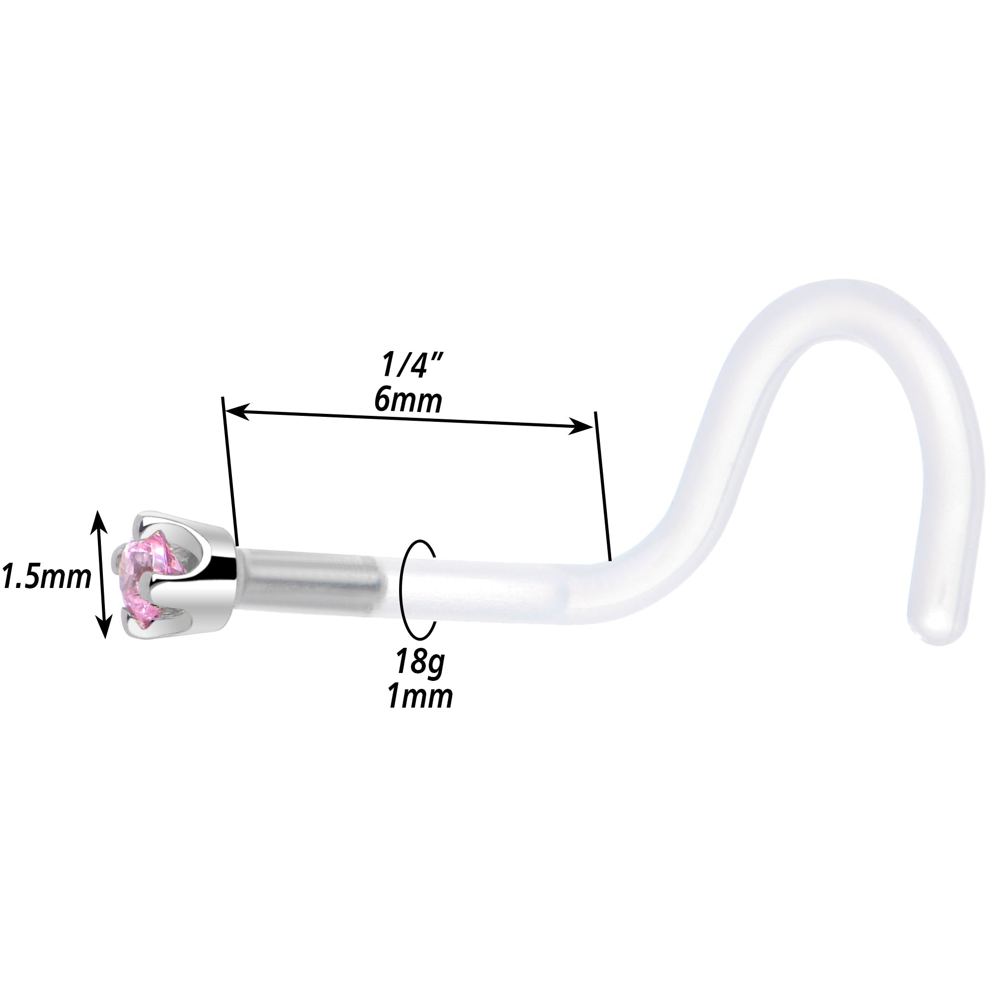 18G 1/4 White Gold 1.5mm Pink Cubic Zirconia Bioplast Nose Ring