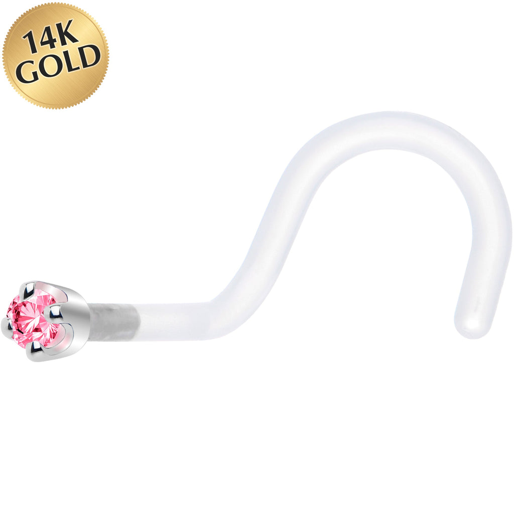 18G 1/4 White Gold 1.5mm Pink Cubic Zirconia Bioplast Nose Ring