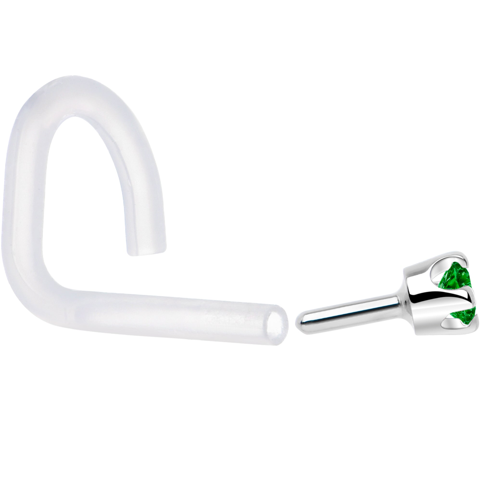 18G 1/4 White Gold 1.5mm Green Cubic Zirconia Bioplast Nose Ring