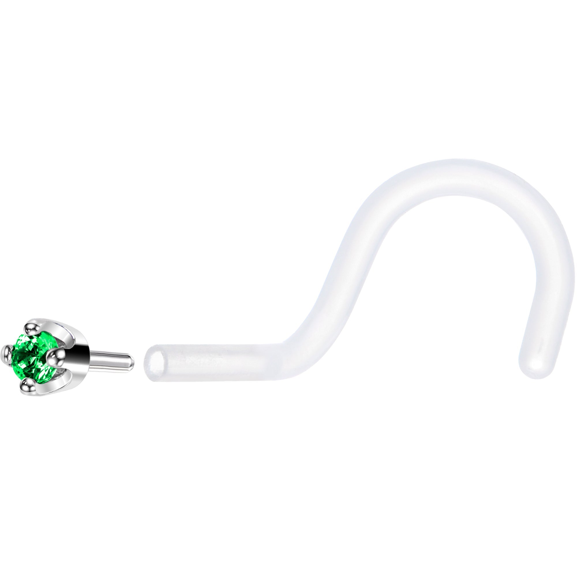 18G 1/4 White Gold 1.5mm Green Cubic Zirconia Bioplast Nose Ring