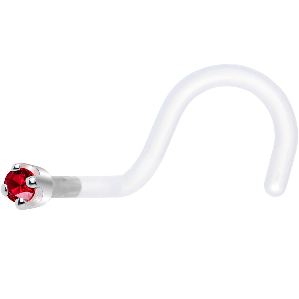 18G 1/4 White Gold 1.5mm Red Cubic Zirconia Bioplast Nose Ring