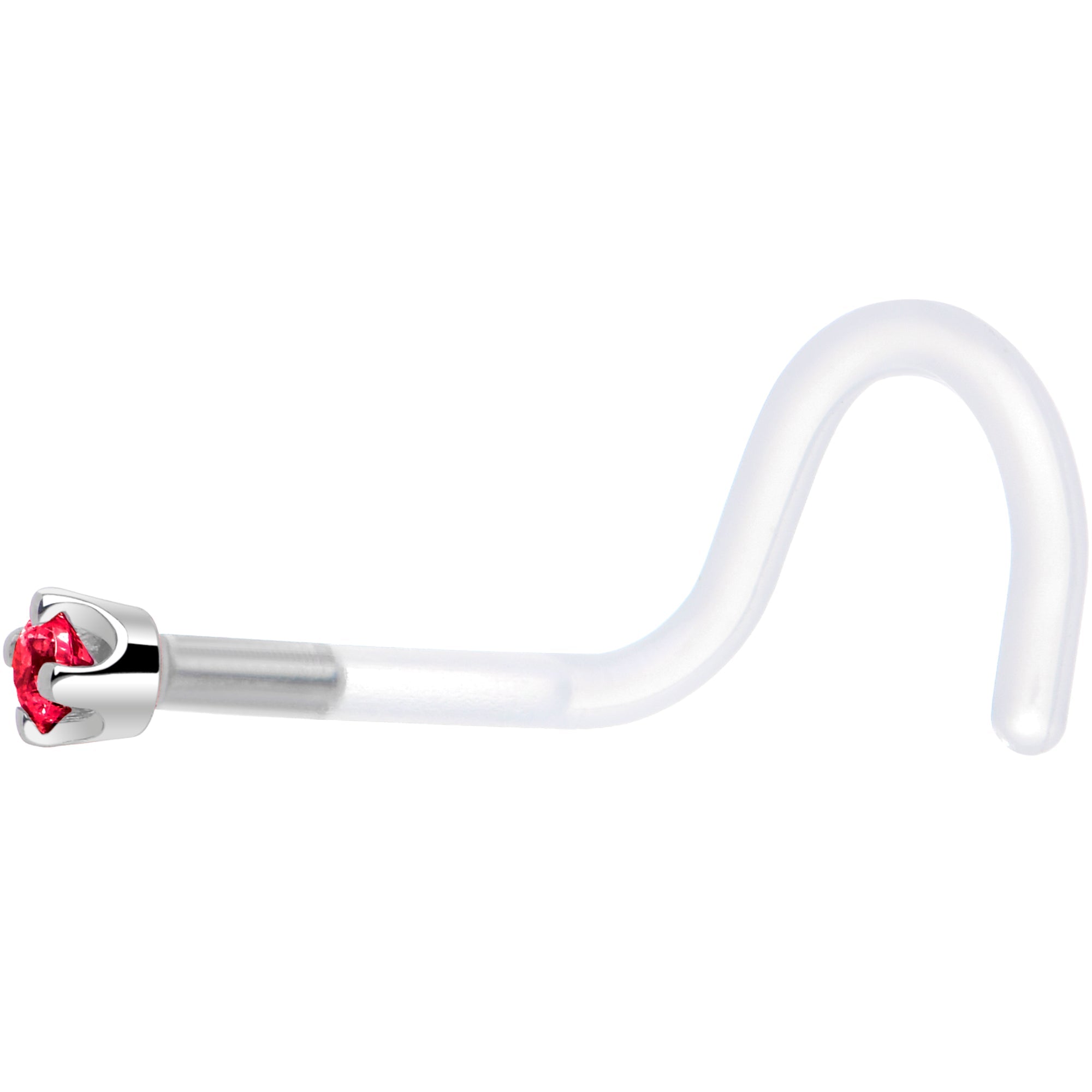 18G 1/4 White Gold 1.5mm Red Cubic Zirconia Bioplast Nose Ring