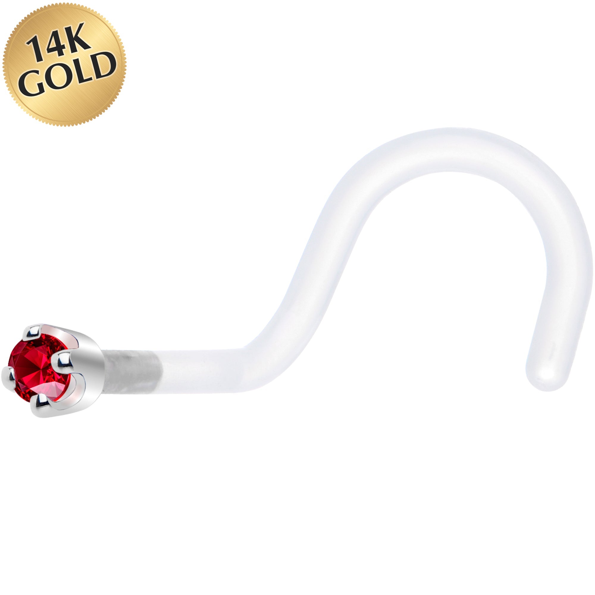 18G 1/4 White Gold 1.5mm Red Cubic Zirconia Bioplast Nose Ring