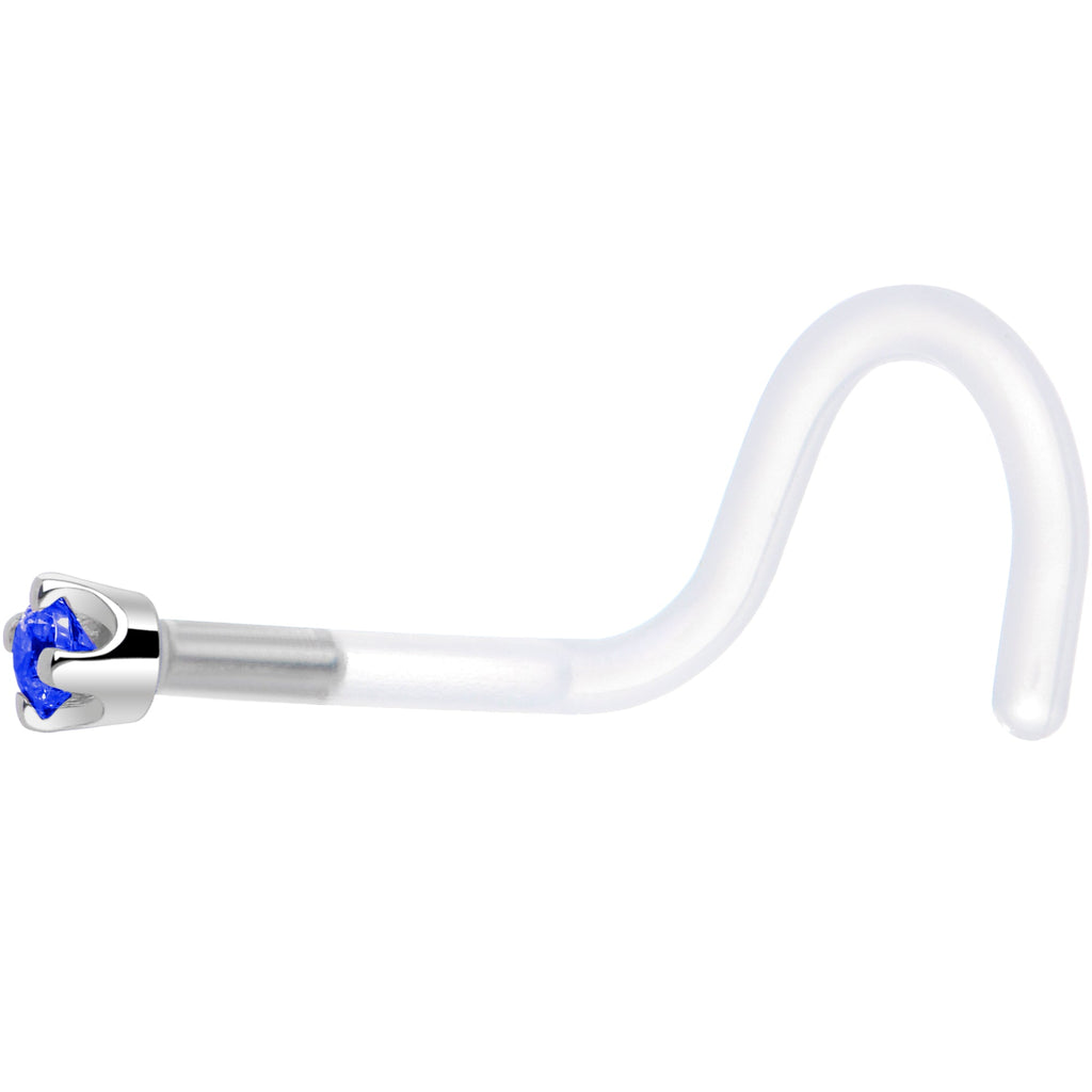 18G 1/4 White Gold 1.5mm Blue Cubic Zirconia Bioplast Nose Ring
