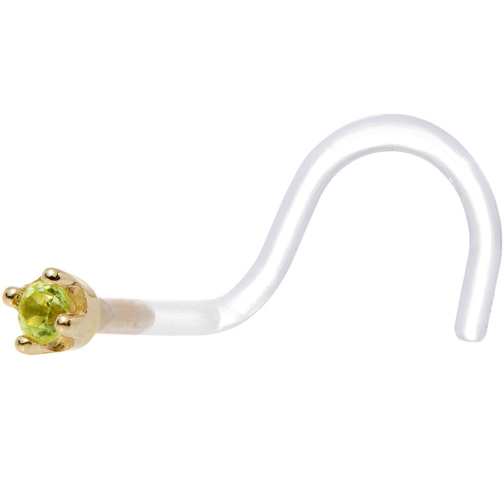 18G 1/4 Yellow Gold 1.5mm Genuine Peridot Bioplast Nose Ring