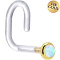 18G 1/4 Yellow Gold 2mm White Synthetic Opal Bioplast Nose Ring