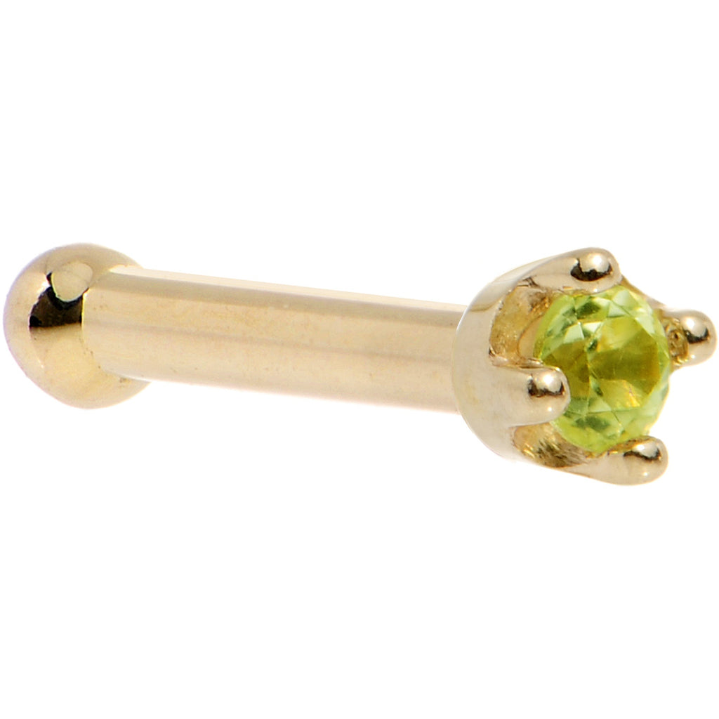 Solid 14K Yellow Gold 1.5mm Genuine Peridot Nose Ring