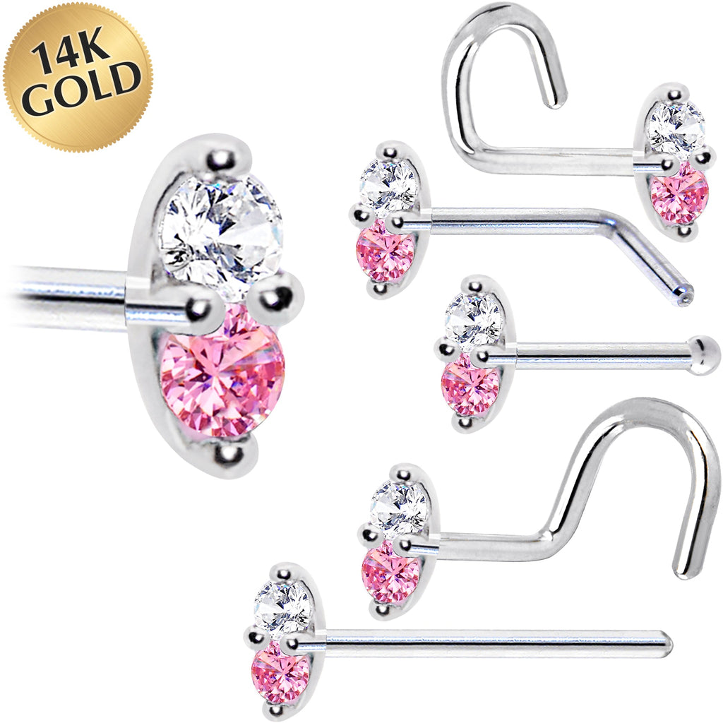 14k White Gold Pink 1.5mm CZ Marquise Nose Ring