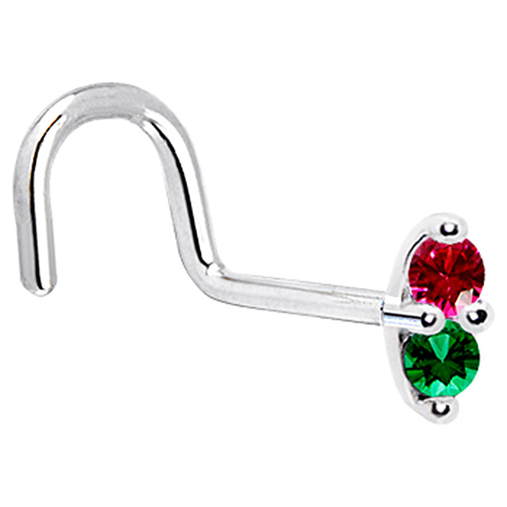 14k White Gold Red Green 1.5mm CZ Marquise Nose Ring