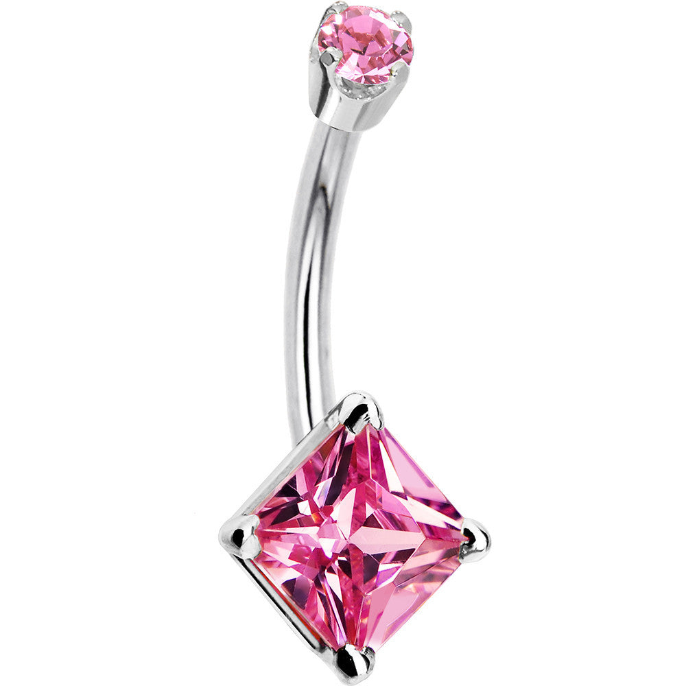 14k White Gold Pink Cubic Zirconia Princess Belly Ring