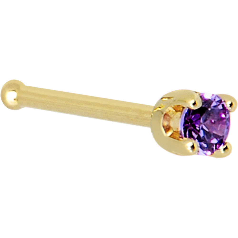 Solid 14K Yellow Gold 2mm Amethyst Cubic Zirconia Nose Ring