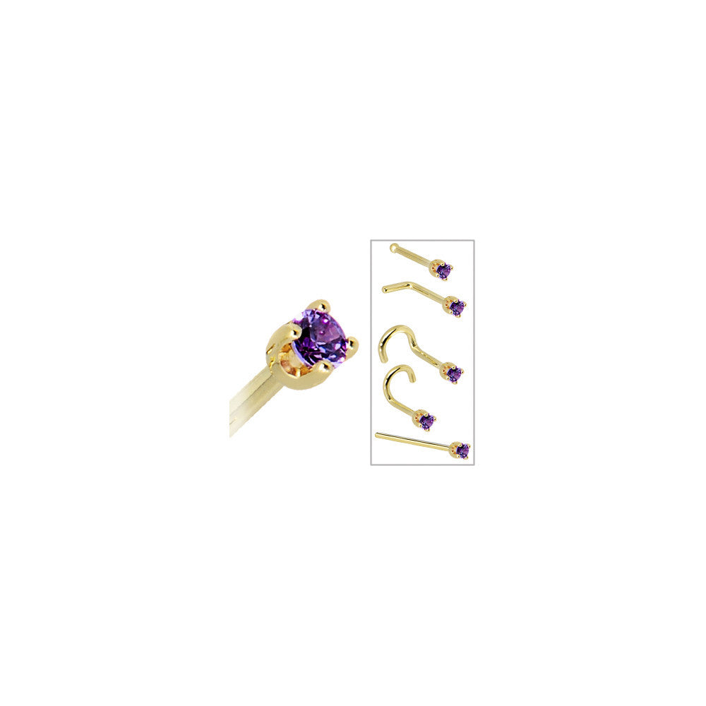Solid 14K Yellow Gold 2mm Amethyst Cubic Zirconia Nose Ring