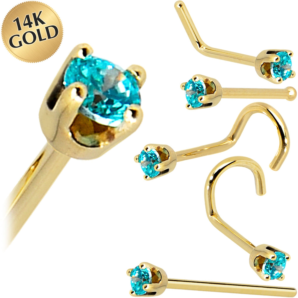 Solid 14K Yellow Gold 2mm Mint Green Cubic Zirconia Nose Ring