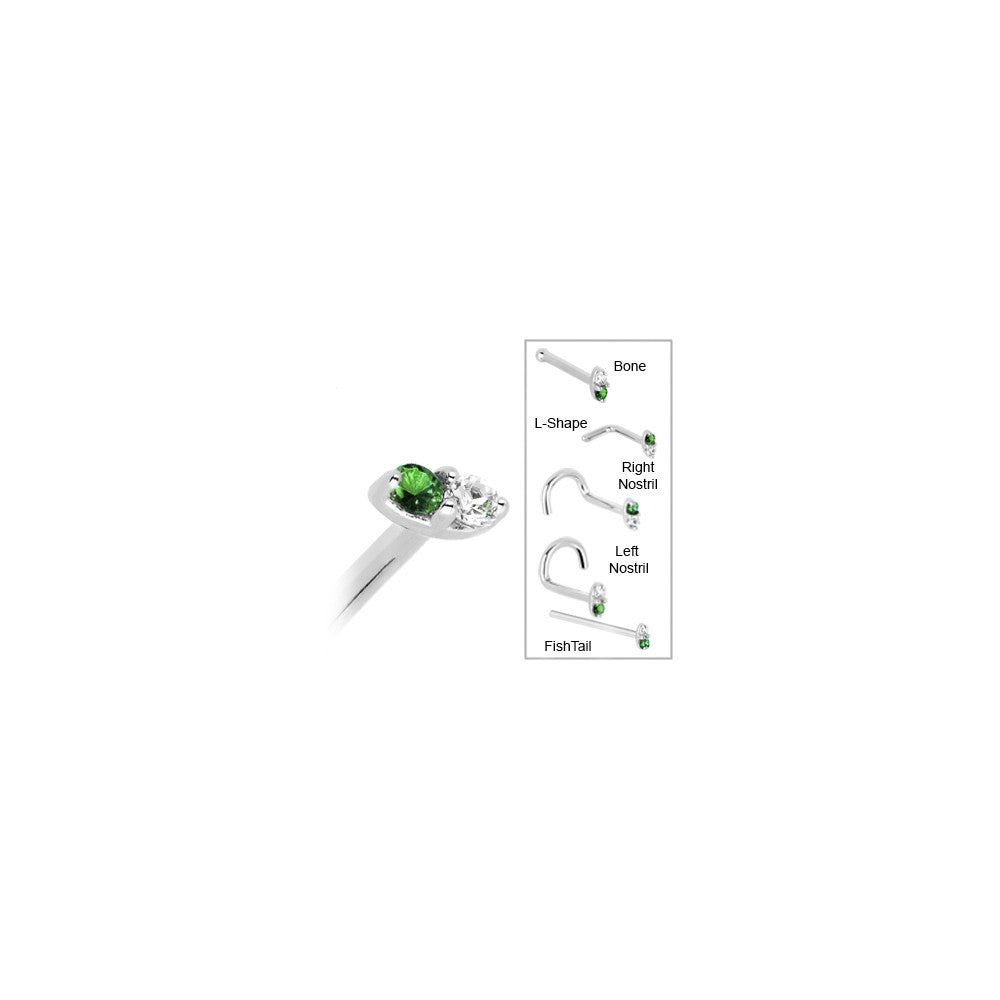 14k White Gold Green 1.5mm CZ Marquise Nose Ring