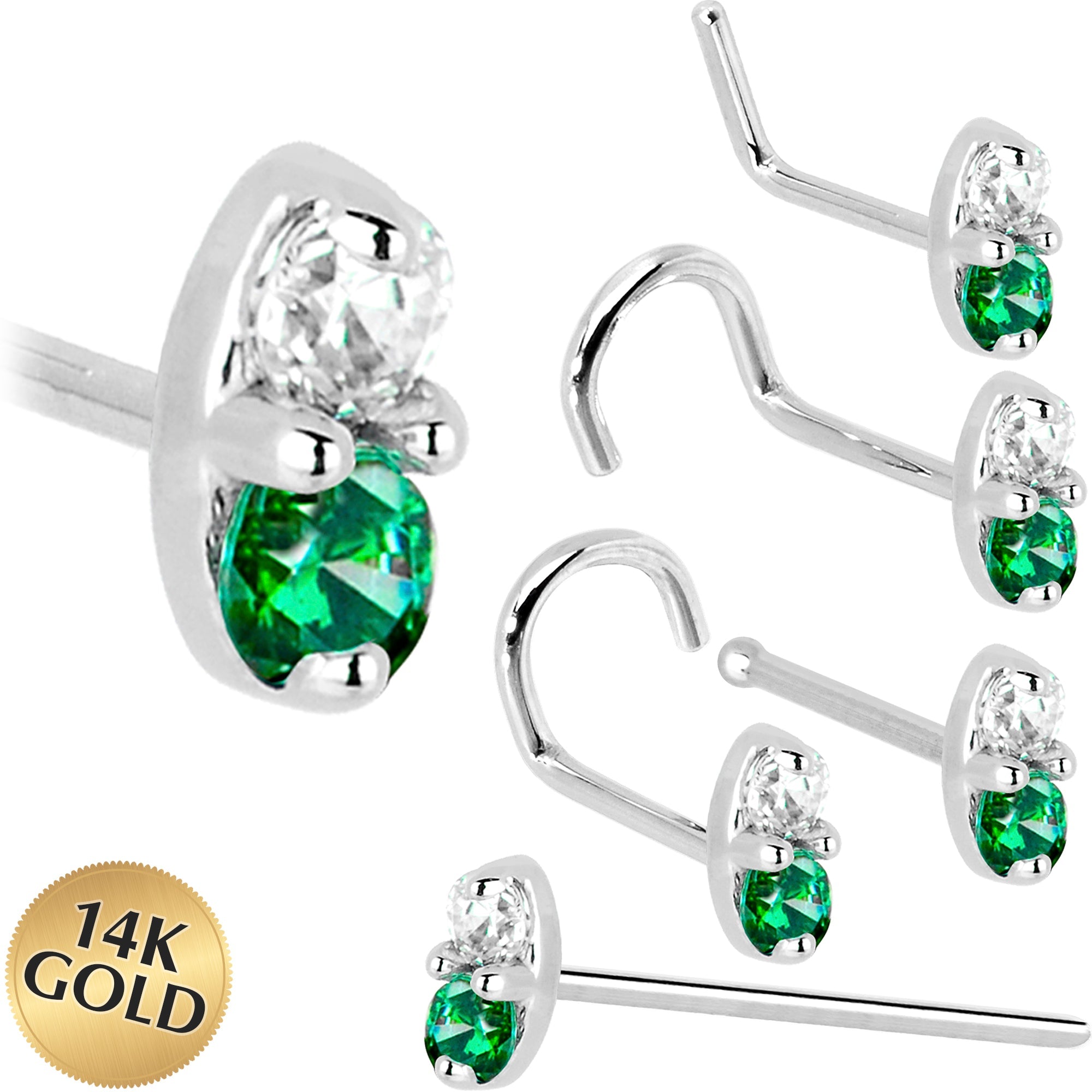 14k White Gold Green 1.5mm CZ Marquise Nose Ring