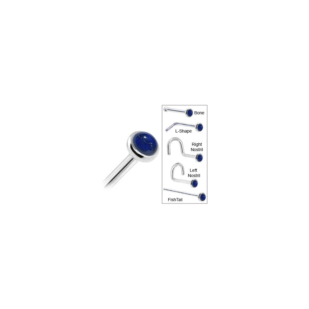 Solid 14K White Gold 2mm Lapis Lazuli Straight Nose Ring