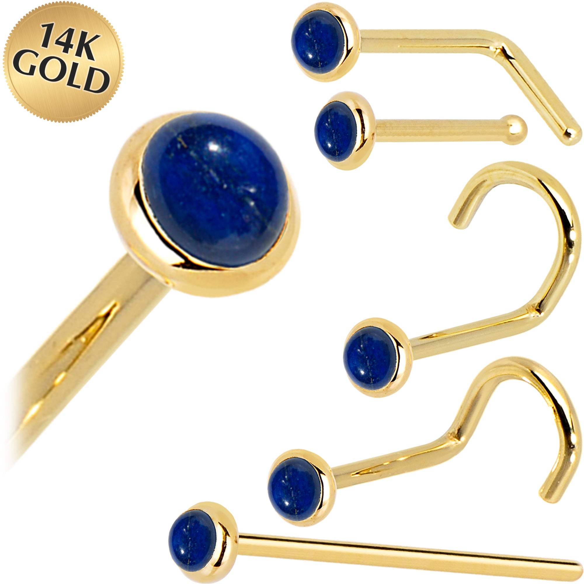 Solid 14K Yellow Gold 2mm Lapis Lazuli Straight Nose Ring