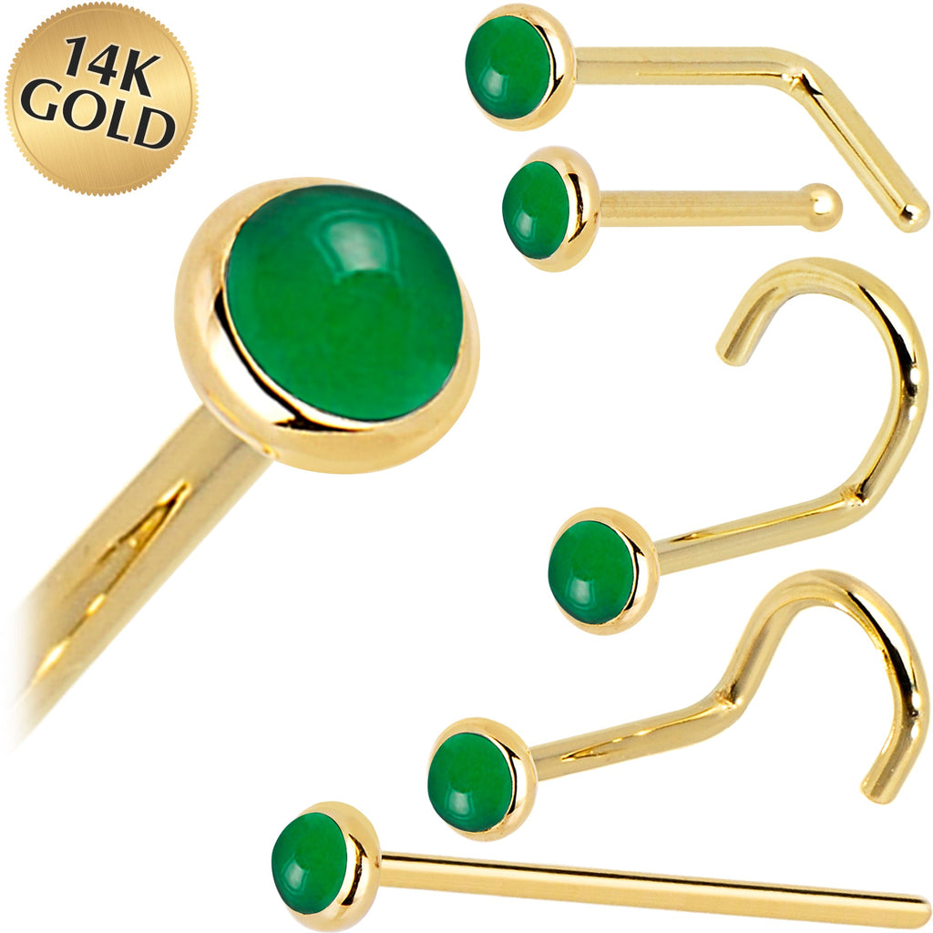 Solid 14K Yellow Gold 2mm Jade Nose Ring