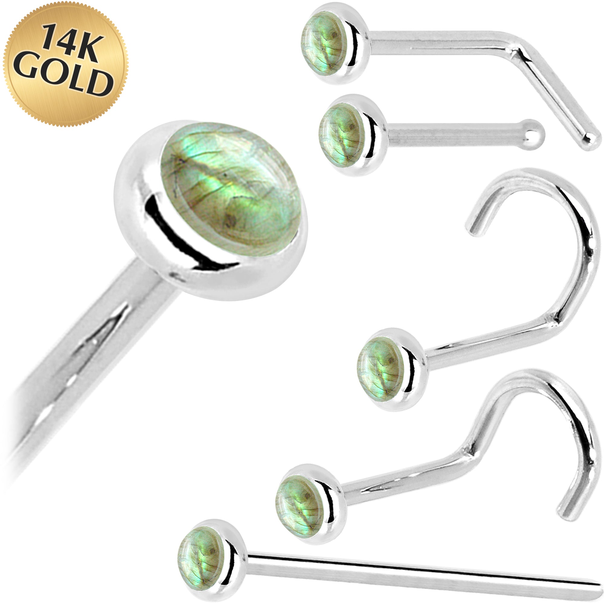 Solid 14K White Gold 2mm Labradorite Nose Ring