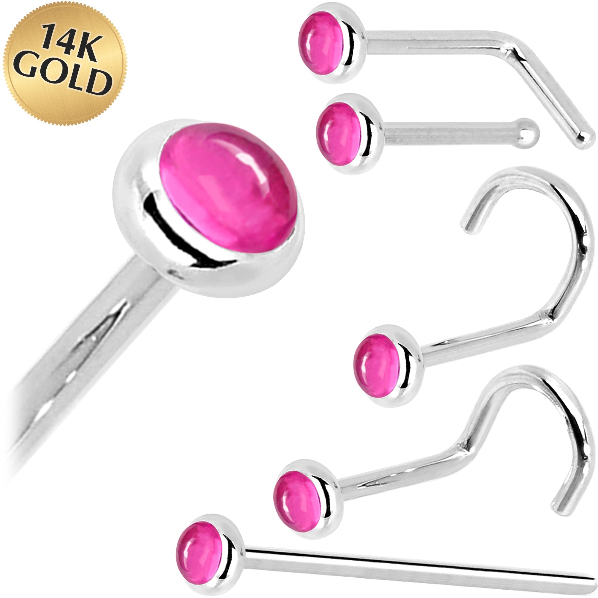 Solid 14K White Gold 2mm Pink Tourmaline Nose Ring